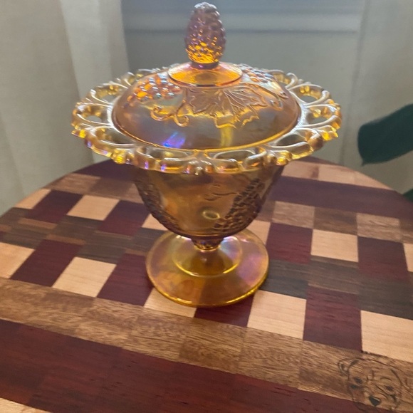 Vintage Indiana Carnival Autumn Harvest Amber Iridescent Glass Dish With Cover - Picture 2 of 10